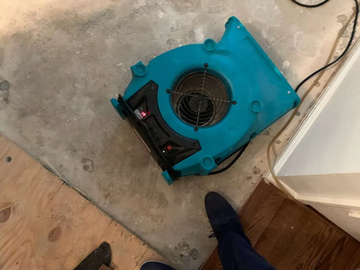 Air mover drying subfloor during Leak Detection & Repair in Bluffton